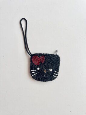 HELLO KITTY Black Beaded Satin Small Coin Pouch Change Purse w/ Wristlet Strap